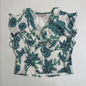 LOFT Floral Ruffle Blouse - White and Teal Tie Front Crop Romantic Cottagecore